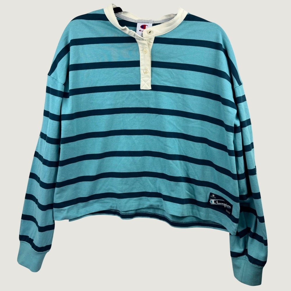 Champion Henley Shirt Womens XXL Teal Blue Striped Cropped Long Sleeve Casual